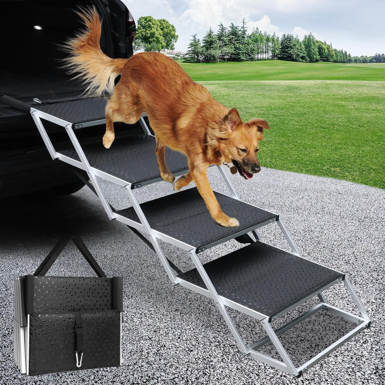 4 stappen hondentrap voor auto, opvouwbare hondentrap voor grote honden, antislip oppervlak aluminium draagbare hondenoprit voor auto's, SUV, vrachtwagens, ondersteunt tot 113 kg