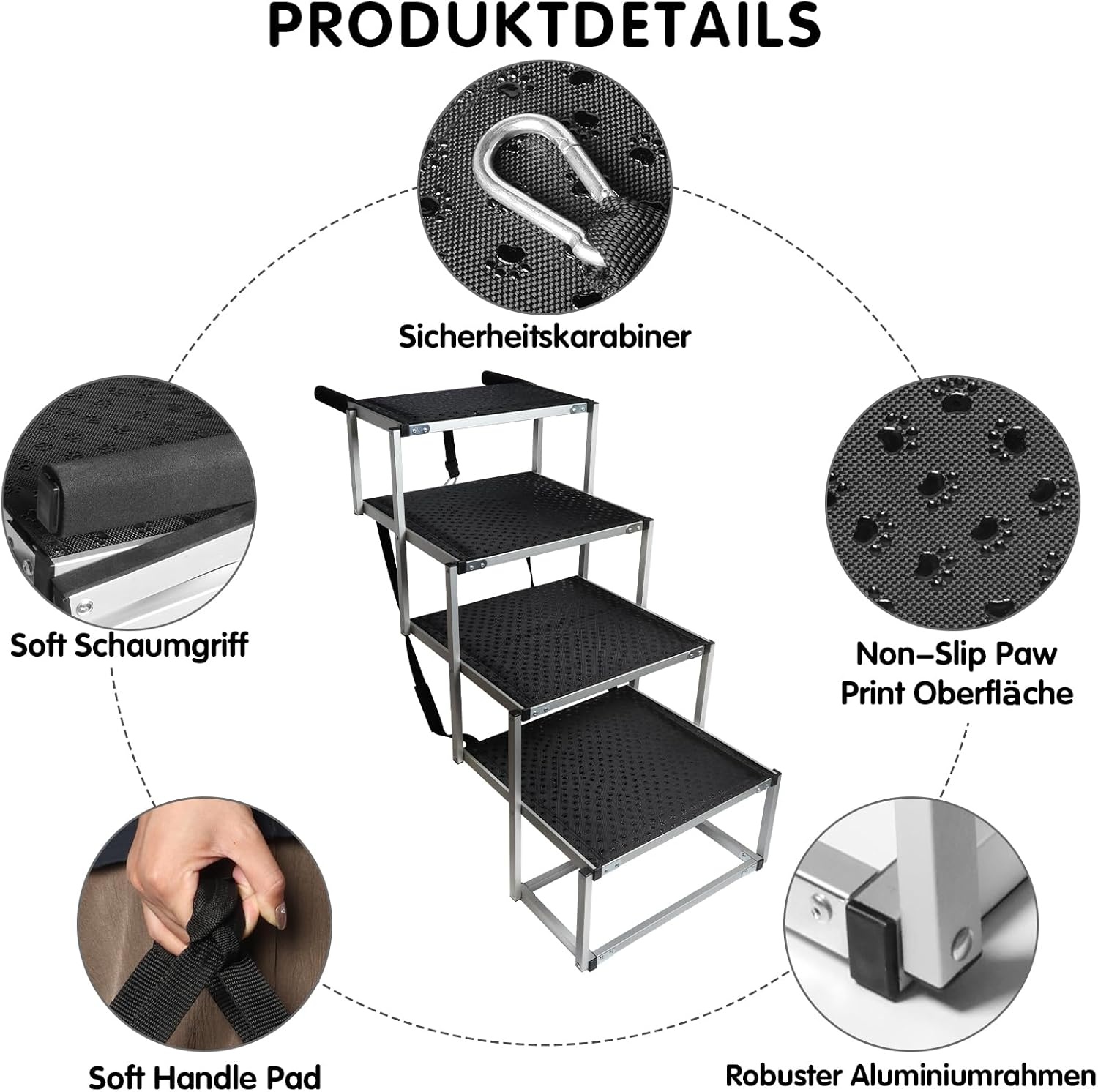 4 stappen hondentrap voor auto, opvouwbare hondentrap voor grote honden, antislip oppervlak aluminium draagbare hondenoprit voor auto's, SUV, vrachtwagens, ondersteunt tot 113 kg