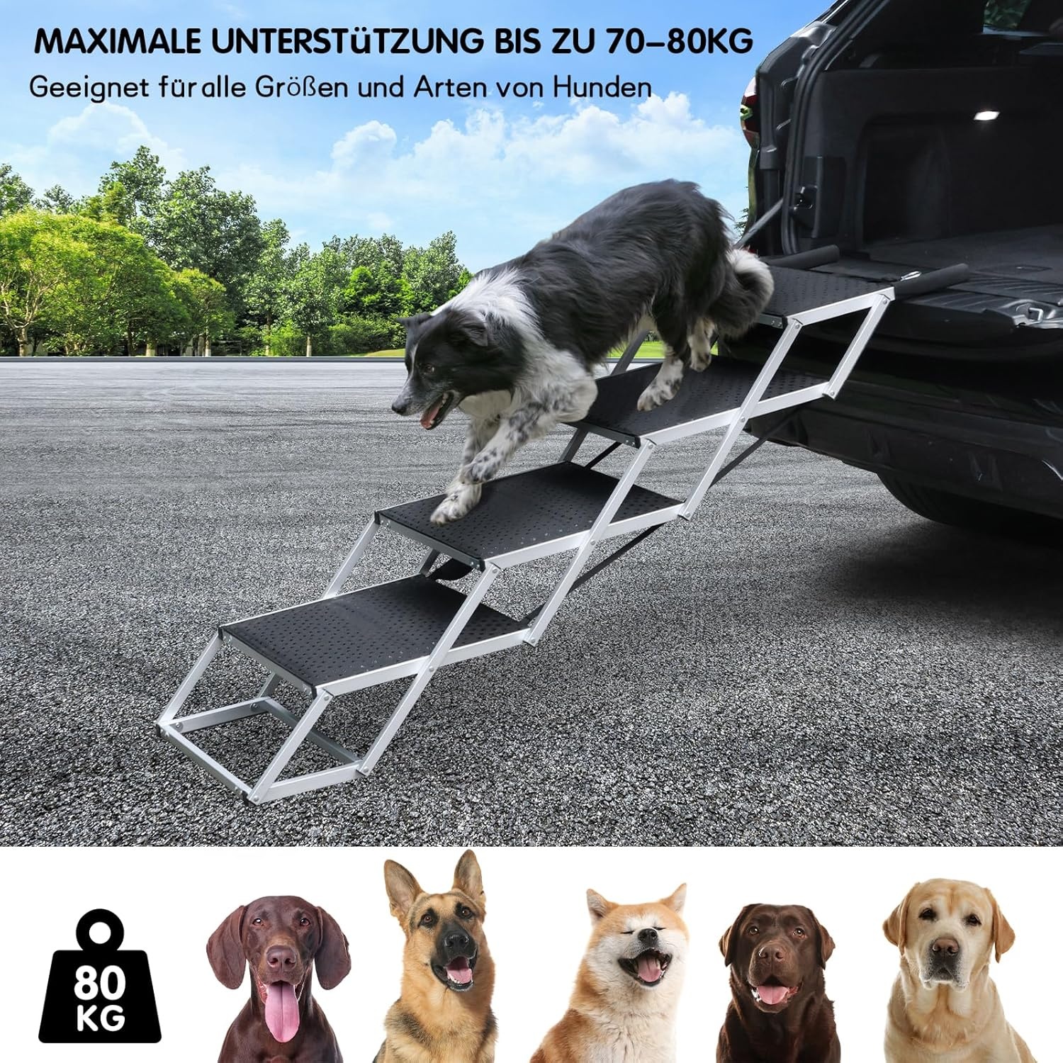 4 stappen hondentrap voor auto, opvouwbare hondentrap voor grote honden, antislip oppervlak aluminium draagbare hondenoprit voor auto's, SUV, vrachtwagens, ondersteunt tot 113 kg