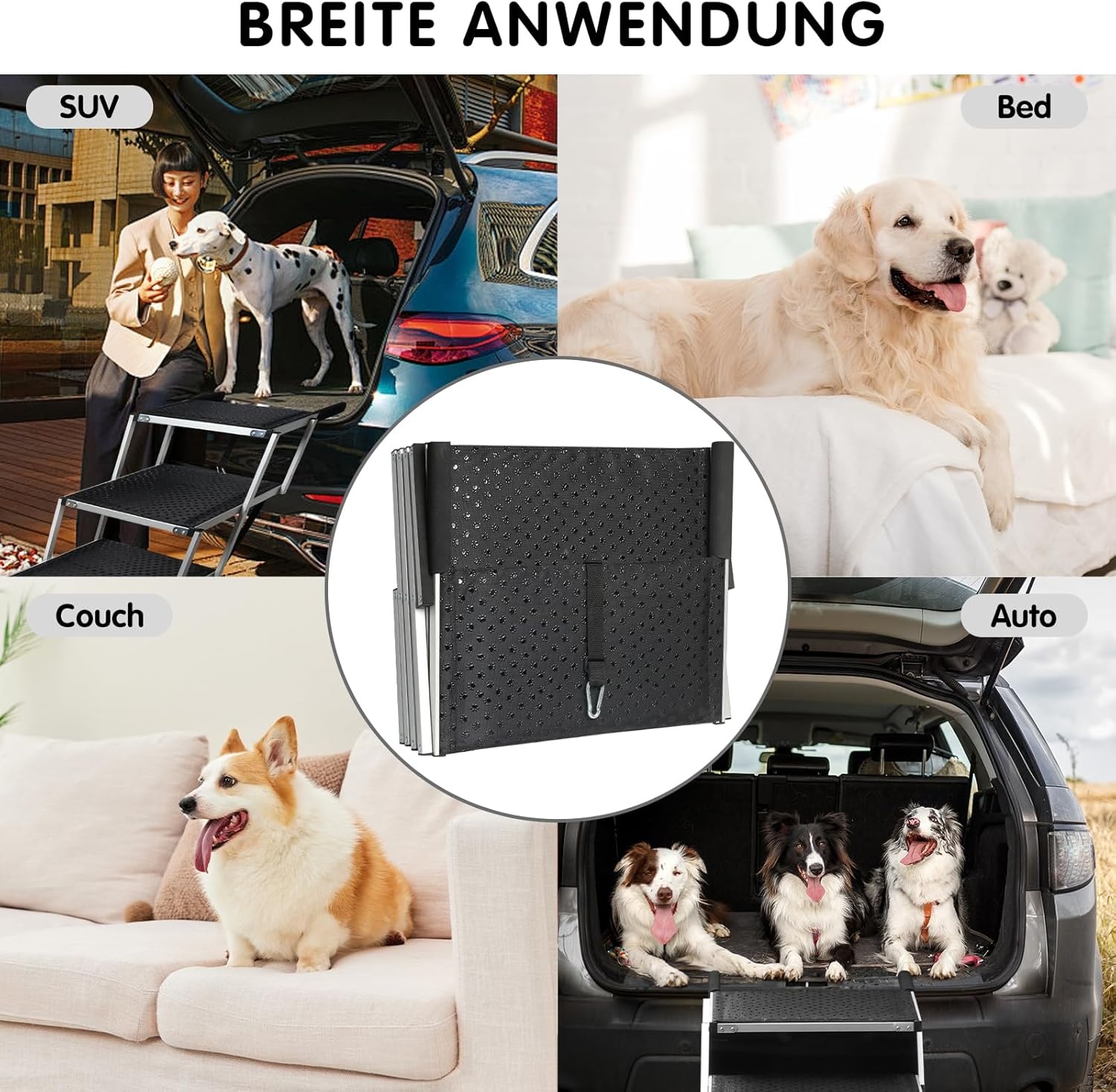 4 stappen hondentrap voor auto, opvouwbare hondentrap voor grote honden, antislip oppervlak aluminium draagbare hondenoprit voor auto's, SUV, vrachtwagens, ondersteunt tot 113 kg