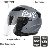 Jethelm Motorhelm met Vizier en Geïntegreerde Zonnebril ECE 22.06 Gecertificeerd Grijs