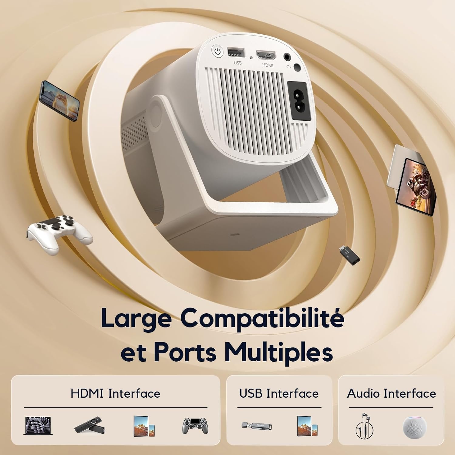 Mini-projector Draagbaar 1080p Full HD 15.000 lumen, automatische keystone correctie, 270° draaibaar, Bluetooth, HDMI, USB