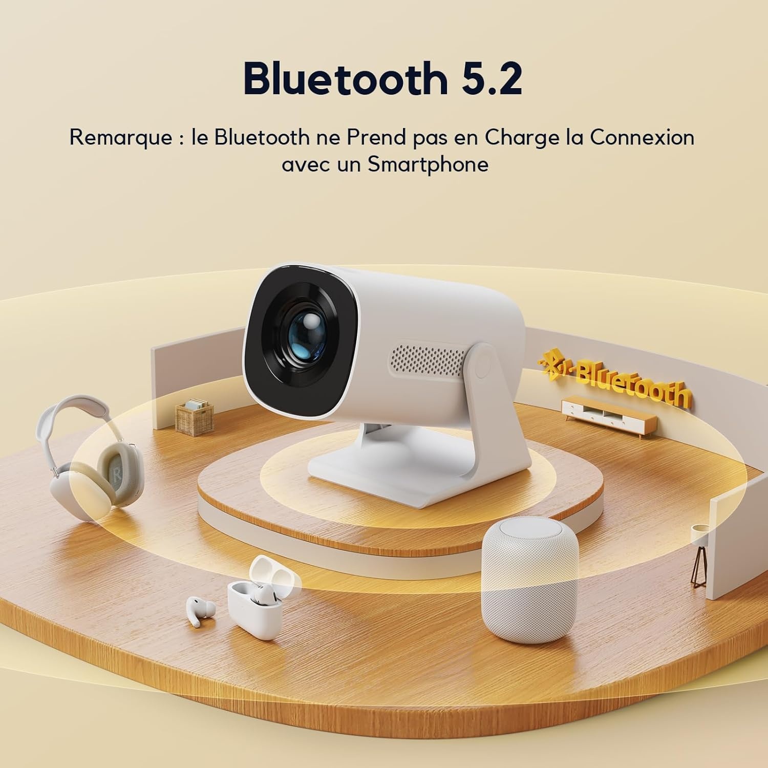 Mini-projector Draagbare Beamer 1080p Full HD Bluetooth met Automatische Keystone & 270° Rotatie, 15.000 Lumen, 4K Ondersteuning voor Thuisbioscoop