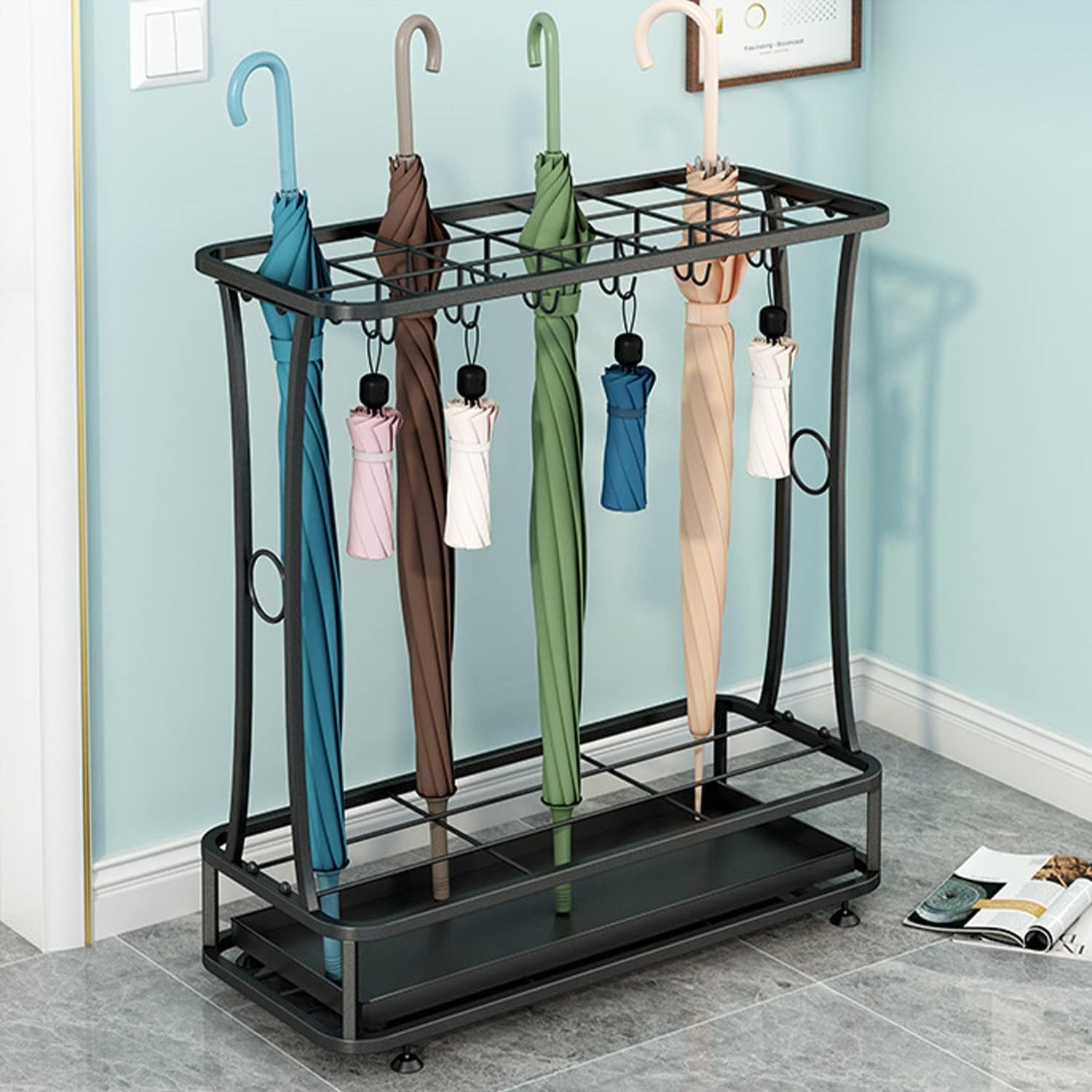 IJzeren Paraplubak met Wateropvangbak Rechthoekig Hoekmodel Zwart 55x24x60.5 cm
