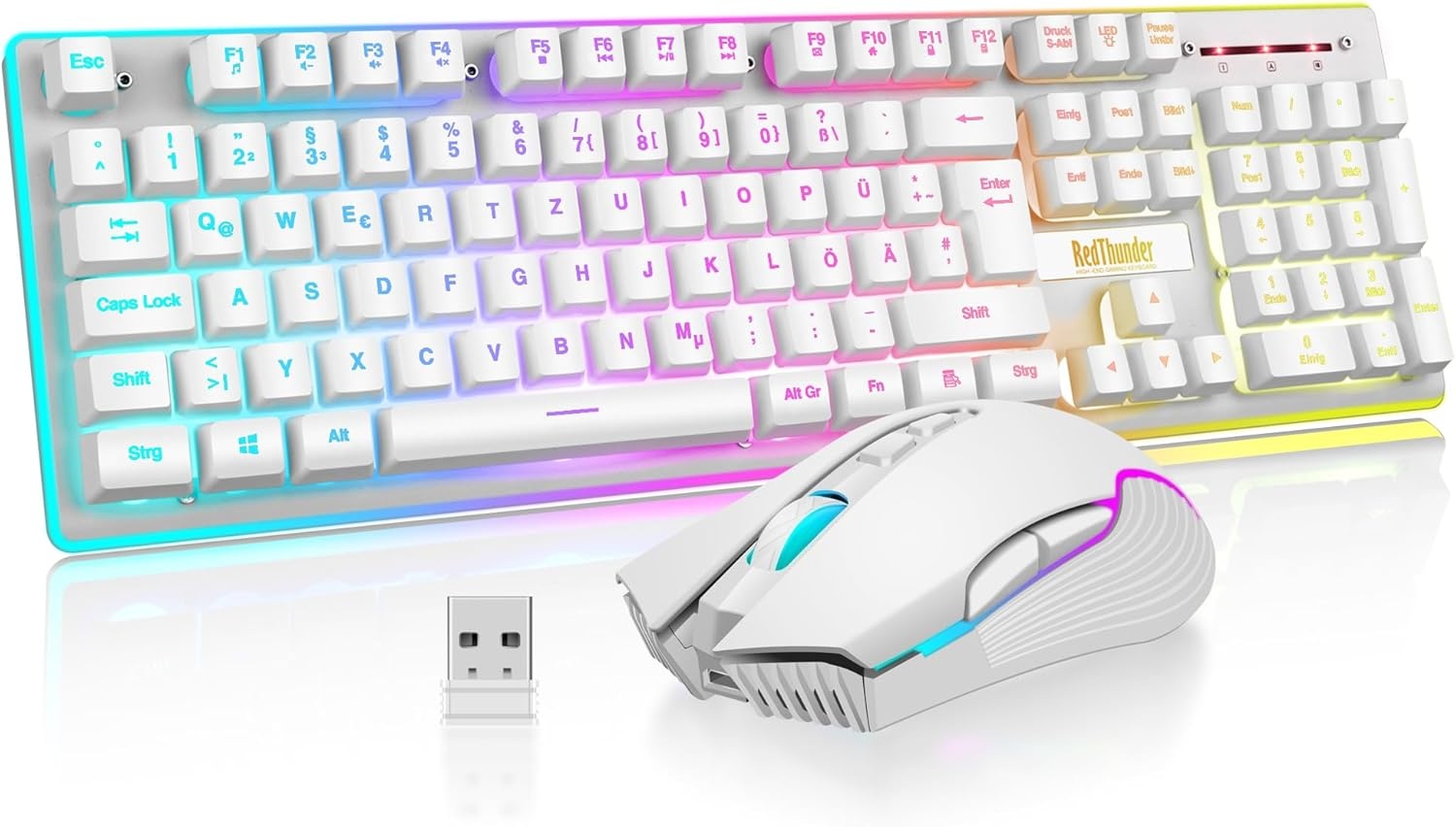 Gaming toetsenbord en muis set draadloos, LED-verlichting, QWERTZ DE-layout, 3200 DPI, 3000mAh, wit