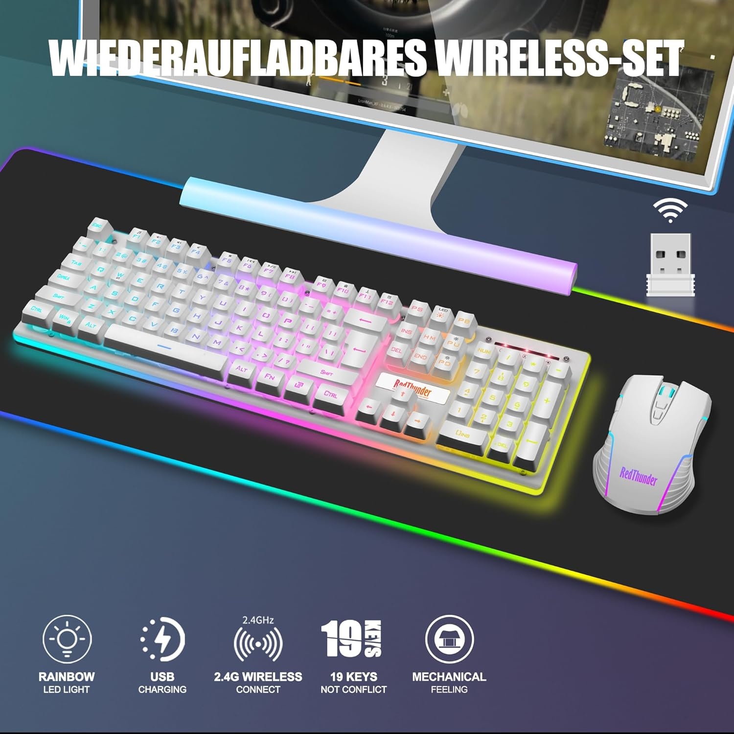 Gaming toetsenbord en muis set draadloos, LED-verlichting, QWERTZ DE-layout, 3200 DPI, 3000mAh, wit