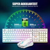 Gaming toetsenbord en muis set draadloos, LED-verlichting, QWERTZ DE-layout, 3200 DPI, 3000mAh, wit