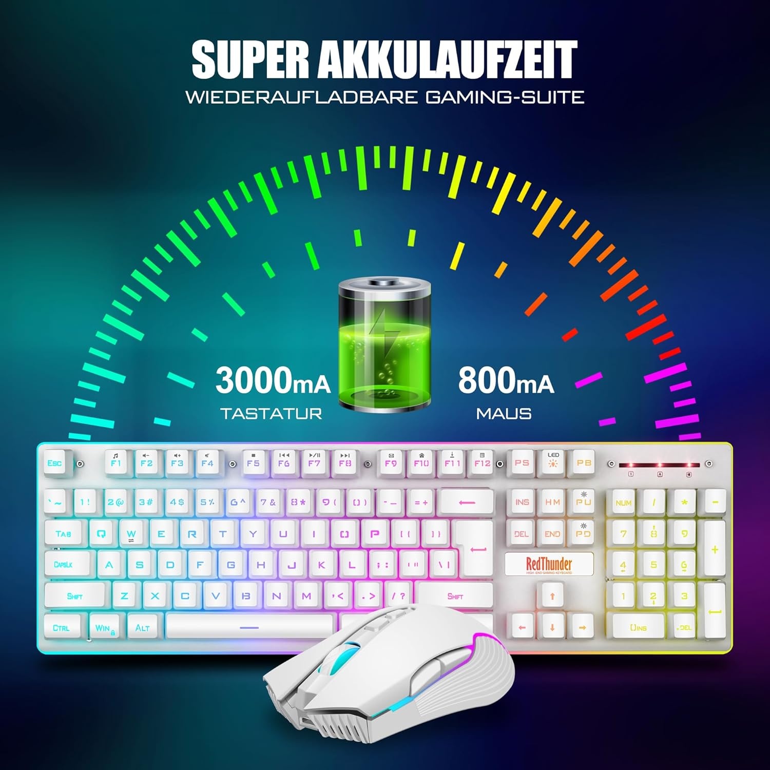 Gaming toetsenbord en muis set draadloos, LED-verlichting, QWERTZ DE-layout, 3200 DPI, 3000mAh, wit