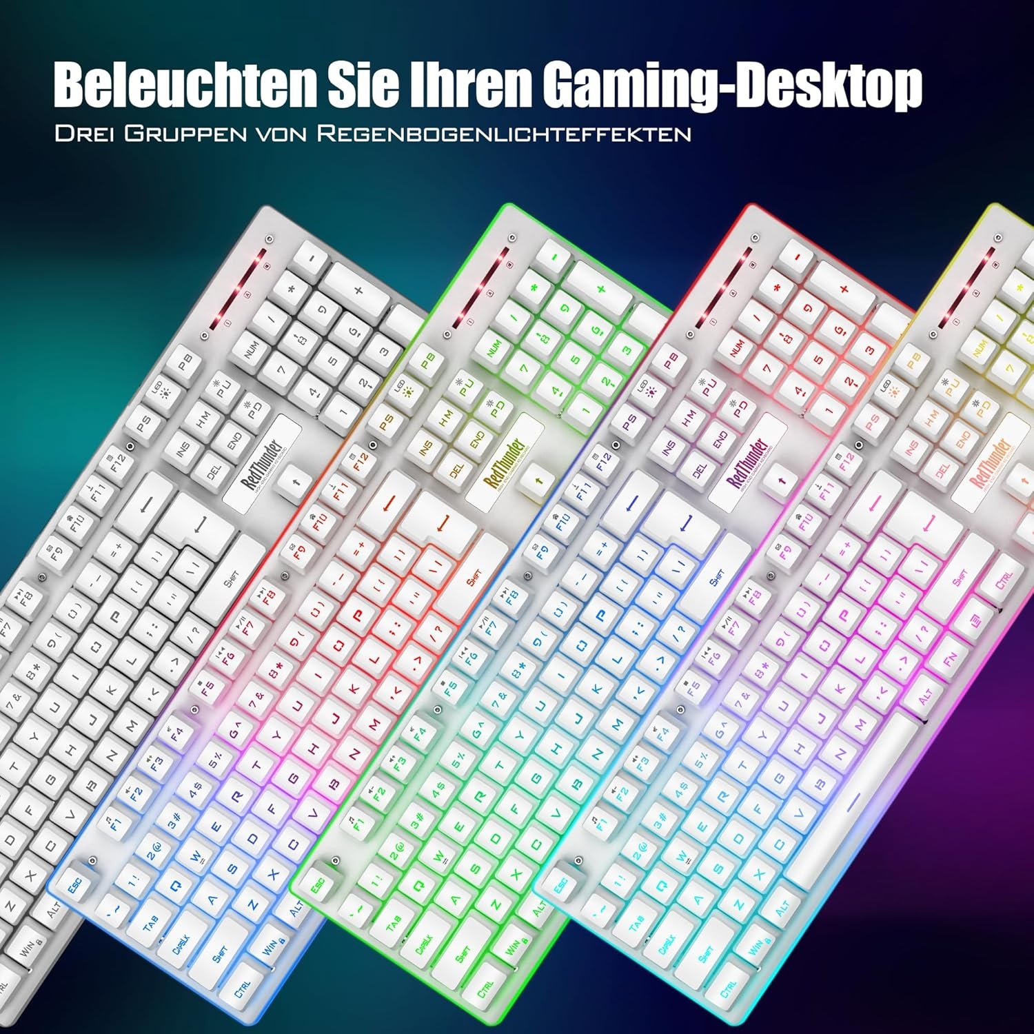 Gaming toetsenbord en muis set draadloos, LED-verlichting, QWERTZ DE-layout, 3200 DPI, 3000mAh, wit