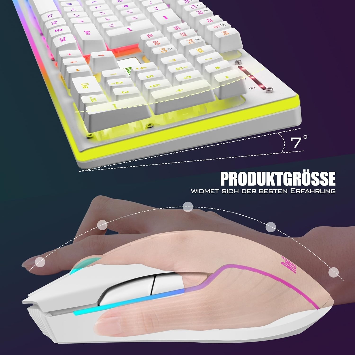 Gaming toetsenbord en muis set draadloos, LED-verlichting, QWERTZ DE-layout, 3200 DPI, 3000mAh, wit