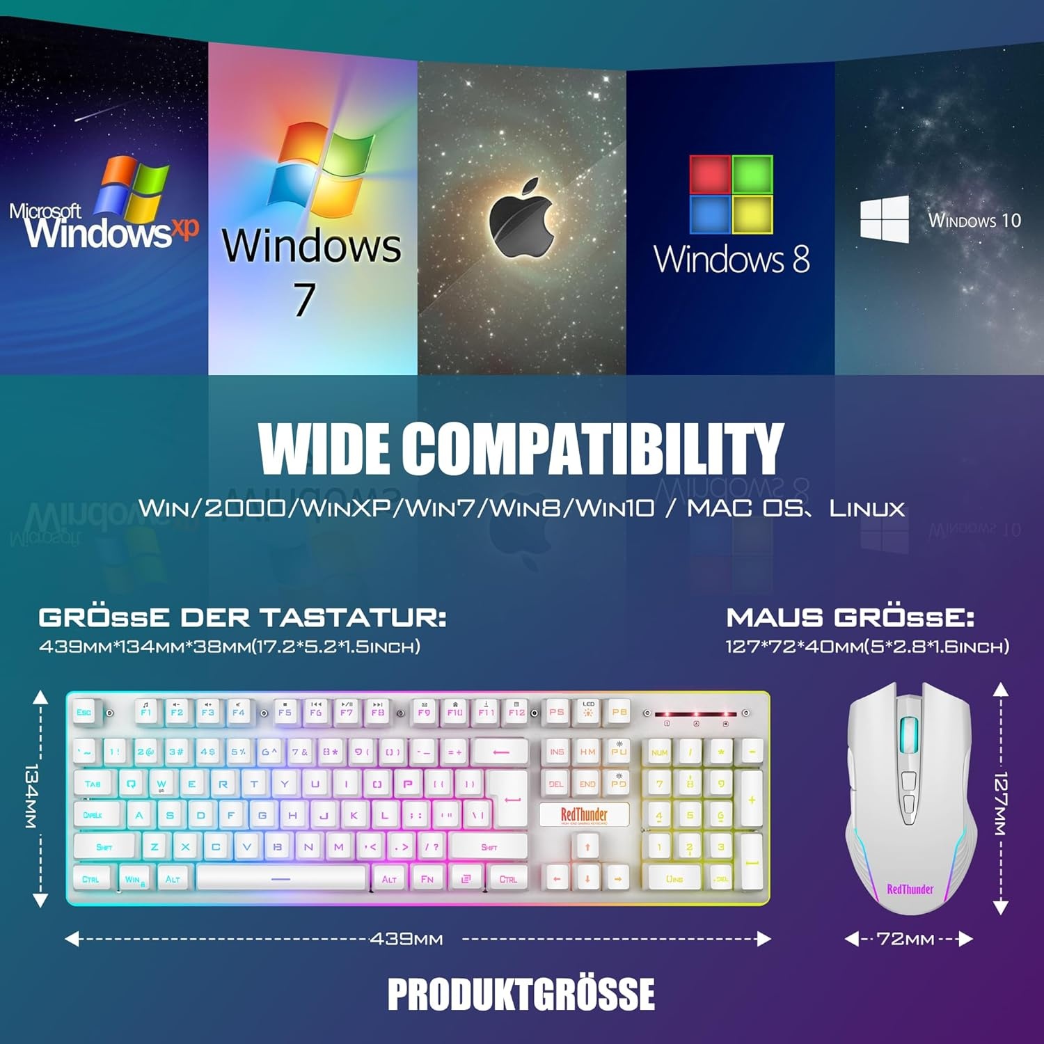Gaming toetsenbord en muis set draadloos, LED-verlichting, QWERTZ DE-layout, 3200 DPI, 3000mAh, wit