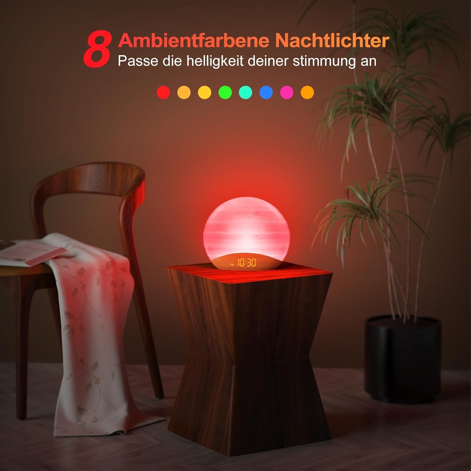 Daglichtwekker met zonsopgang simulatie, nachtlampje, 26 rustgevende geluiden, 0-100% dimbaar, houten weklamp voor slaapkamer