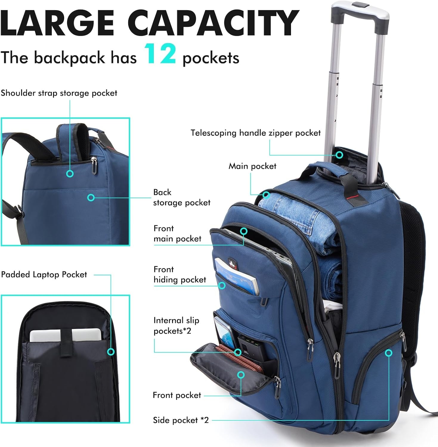 2-in-1 Reistrolley Rugzak Blauw - 40% Korting!