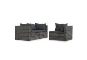 vidaXL 3-delige Loungeset met kussens poly rattan grijs