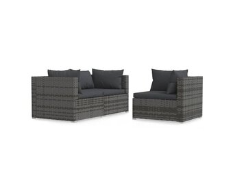 vidaXL 3-delige Loungeset met kussens poly rattan grijs