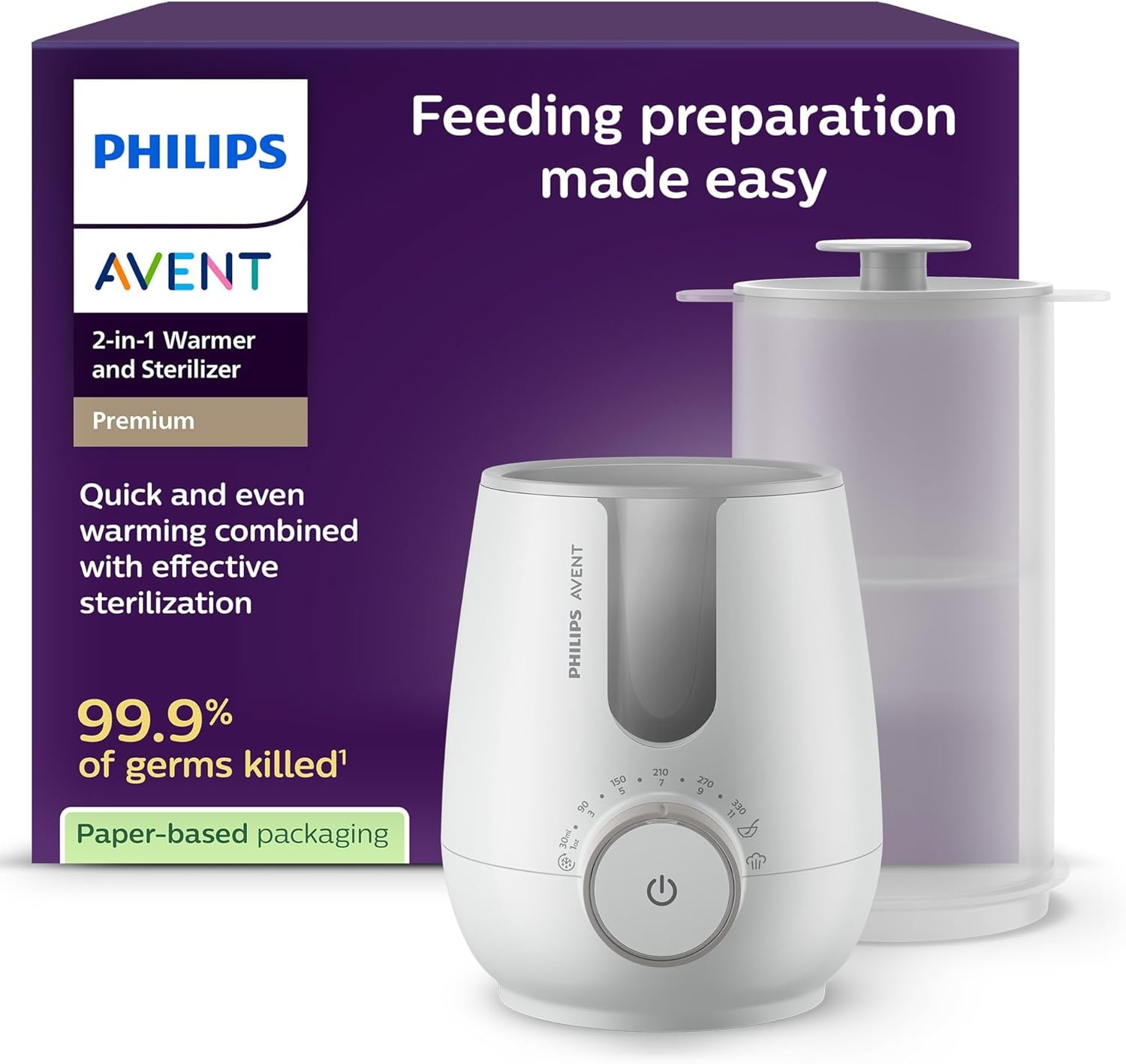 Philips Avent Premium 2-in-1 verwarmer & sterilisator - met waterbadtechnologie volgens ziekenhuisnormen, slimme temperatuursensor, voorkomen van hete plekken, SCF359/00