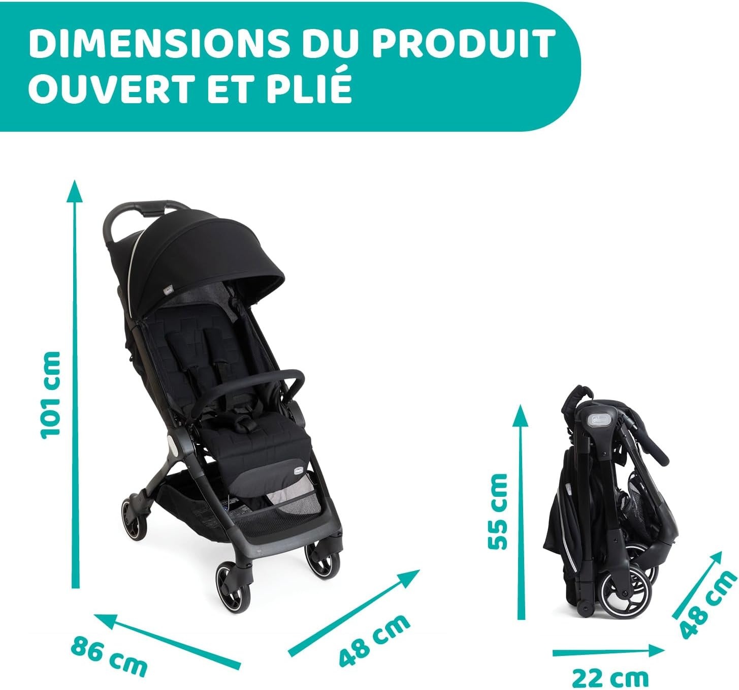 Chicco We kinderwagen, opvouwbaar, ultralicht, van 0 maanden tot 22 kg, kantelbaar, met slaappositie, gevoerde schouderbanden, compacte sluiting, bekleding en regenbescherming, zwart