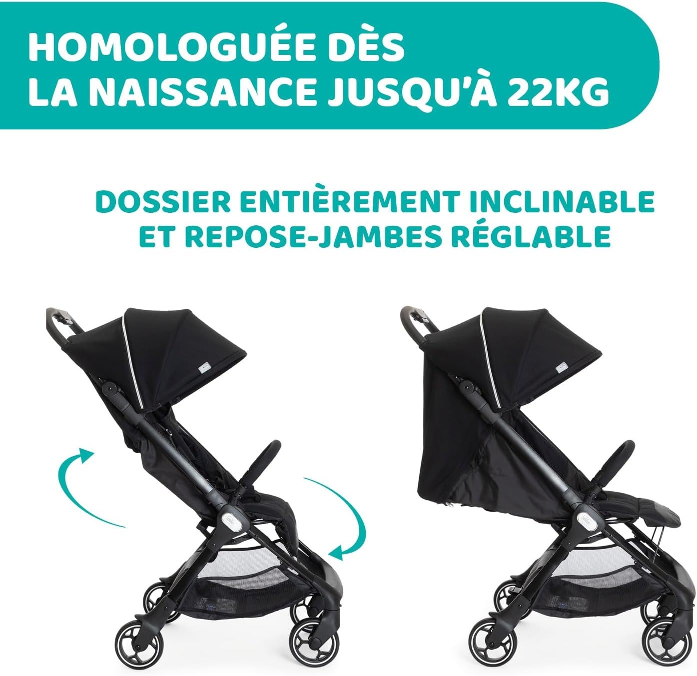 Chicco We kinderwagen, opvouwbaar, ultralicht, van 0 maanden tot 22 kg, kantelbaar, met slaappositie, gevoerde schouderbanden, compacte sluiting, bekleding en regenbescherming, zwart