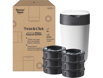 Tommee Tippee Twist & Click Advanced luieremmer starterset, 1x set van 6 navullingen met antibacteriële groene film, wit