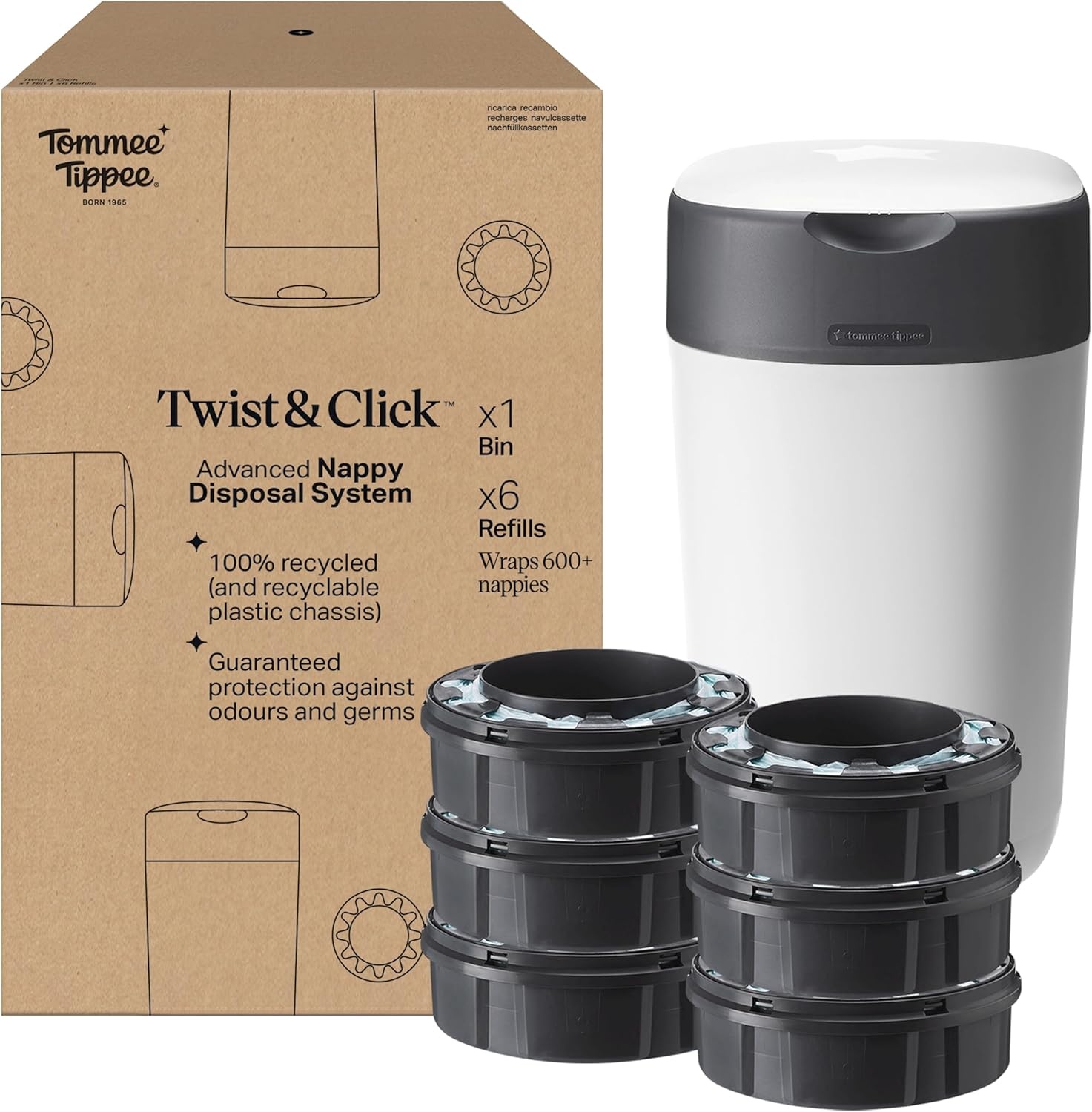 Tommee Tippee Twist & Click Advanced luieremmer starterset, 1x set van 6 navullingen met antibacteriële groene film, wit