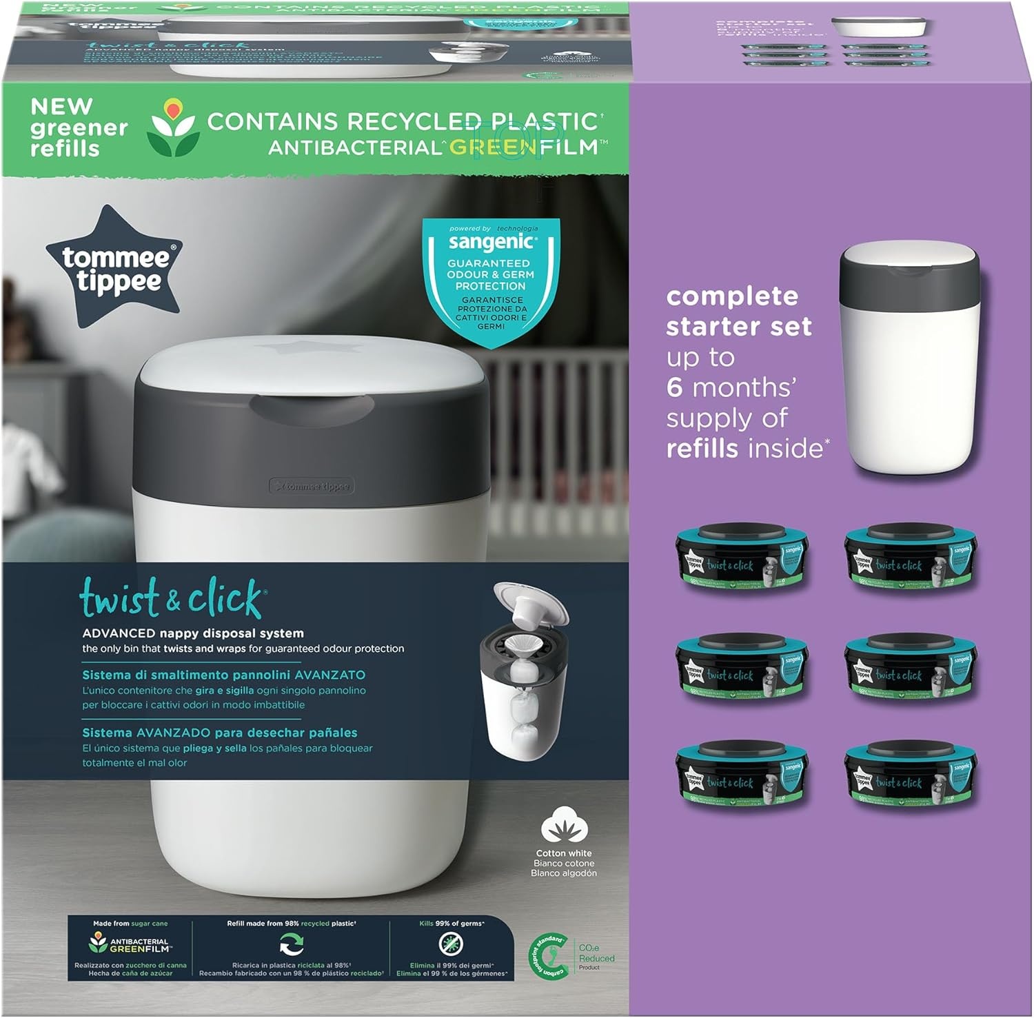 Tommee Tippee Twist & Click Advanced luieremmer starterset, 1x set van 6 navullingen met antibacteriële groene film, wit
