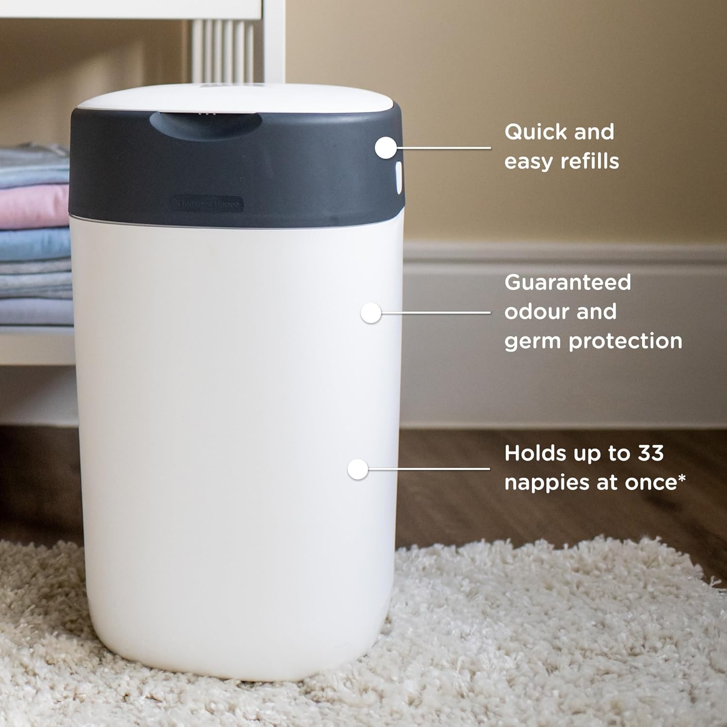 Tommee Tippee Twist & Click Advanced luieremmer starterset, 1x set van 6 navullingen met antibacteriële groene film, wit
