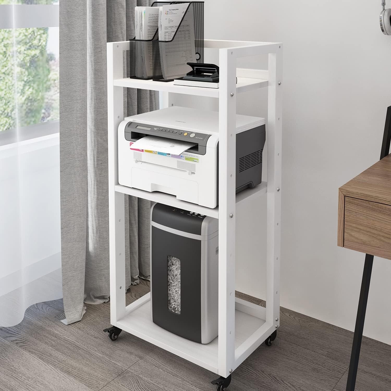 PUNCIA 3-Tier Beweegbare Printer Stand Vloer Standing Desk Side Shredder Stand Computer Host Houder Verstelbare Opslagplank Rack op Wielen voor Fax Scanner Bestandsboek (Retro)