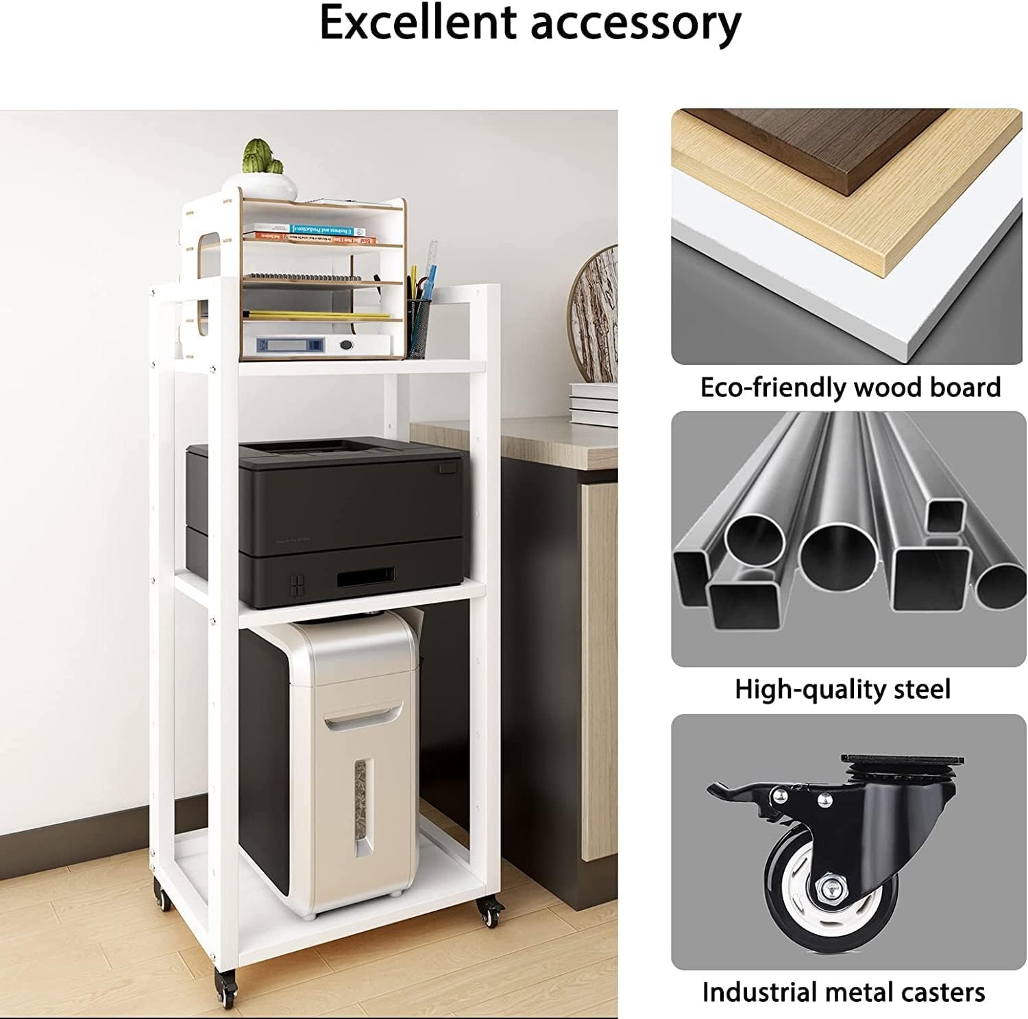 PUNCIA 3-Tier Beweegbare Printer Stand Vloer Standing Desk Side Shredder Stand Computer Host Houder Verstelbare Opslagplank Rack op Wielen voor Fax Scanner Bestandsboek (Retro)