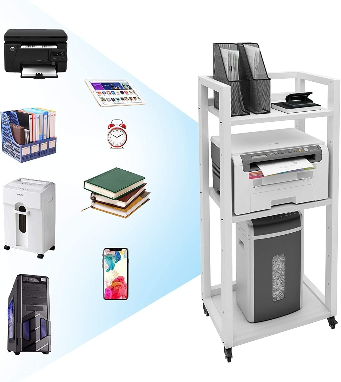 PUNCIA 3-Tier Beweegbare Printer Stand Vloer Standing Desk Side Shredder Stand Computer Host Houder Verstelbare Opslagplank Rack op Wielen voor Fax Scanner Bestandsboek (Retro)