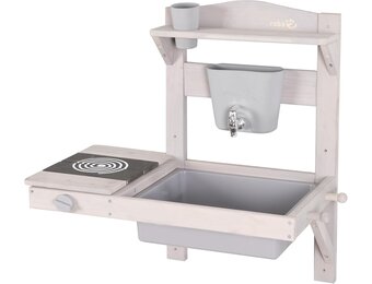 roba Hangende Modderkeuken voor Kinderen - Functionele Buitenspeelkeuken met Waterdispenser & Accessoires - FSC Gecertificeerd Hout - Grijs Gelakt
