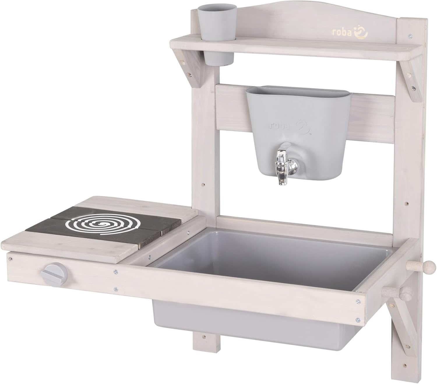 roba Hangende Modderkeuken voor Kinderen - Functionele Buitenspeelkeuken met Waterdispenser & Accessoires - FSC Gecertificeerd Hout - Grijs Gelakt