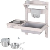 roba Hangende Modderkeuken voor Kinderen - Functionele Buitenspeelkeuken met Waterdispenser & Accessoires - FSC Gecertificeerd Hout - Grijs Gelakt