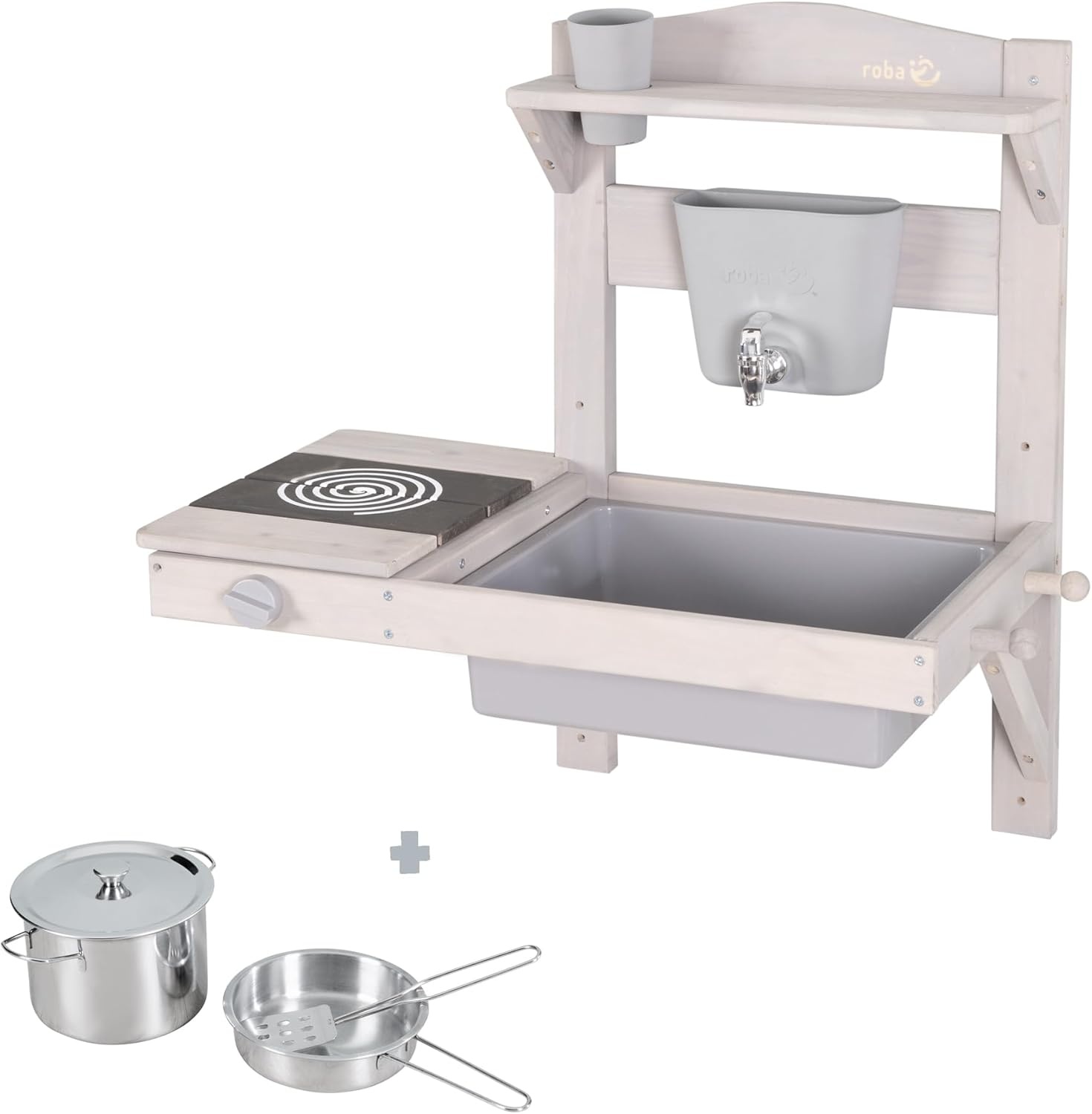 roba Hangende Modderkeuken voor Kinderen - Functionele Buitenspeelkeuken met Waterdispenser & Accessoires - FSC Gecertificeerd Hout - Grijs Gelakt