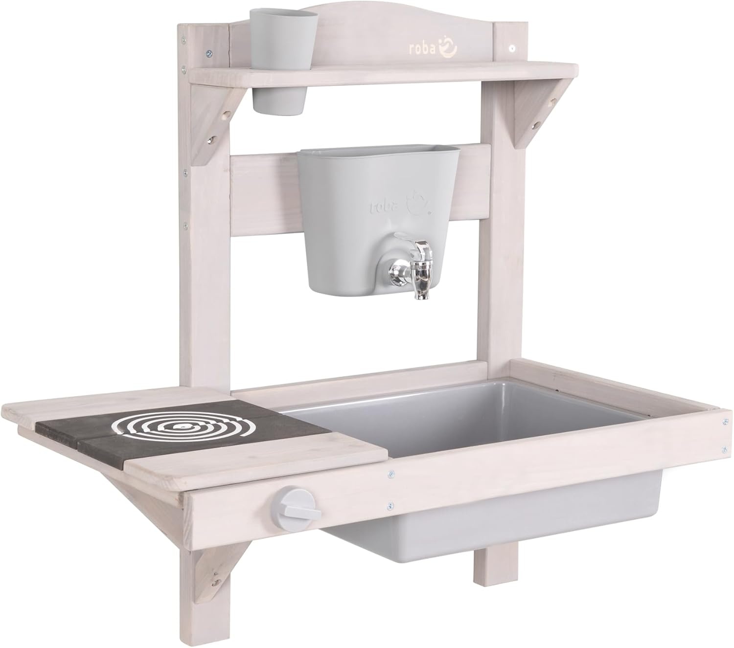 roba Hangende Modderkeuken voor Kinderen - Functionele Buitenspeelkeuken met Waterdispenser & Accessoires - FSC Gecertificeerd Hout - Grijs Gelakt