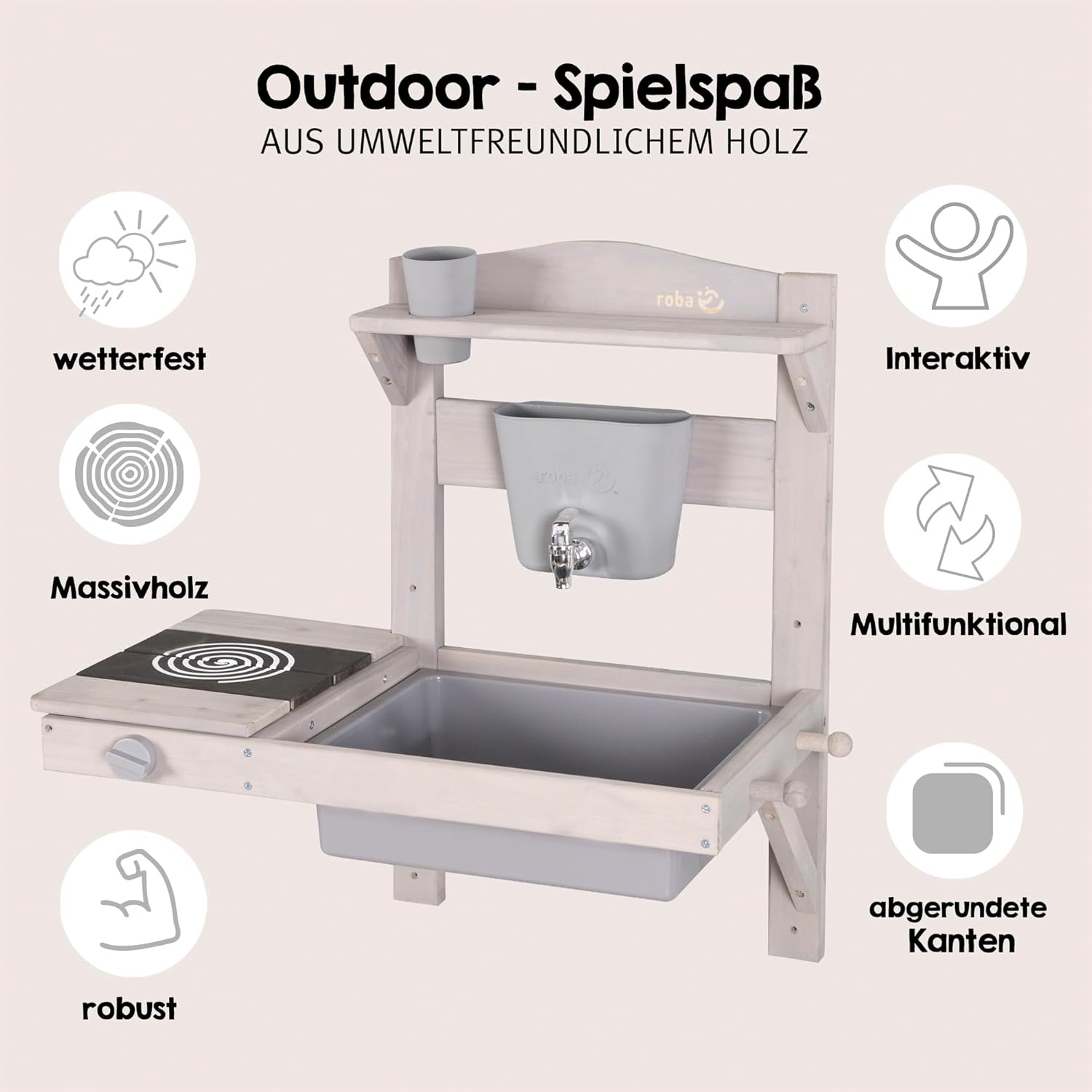 roba Hangende Modderkeuken voor Kinderen - Functionele Buitenspeelkeuken met Waterdispenser & Accessoires - FSC Gecertificeerd Hout - Grijs Gelakt
