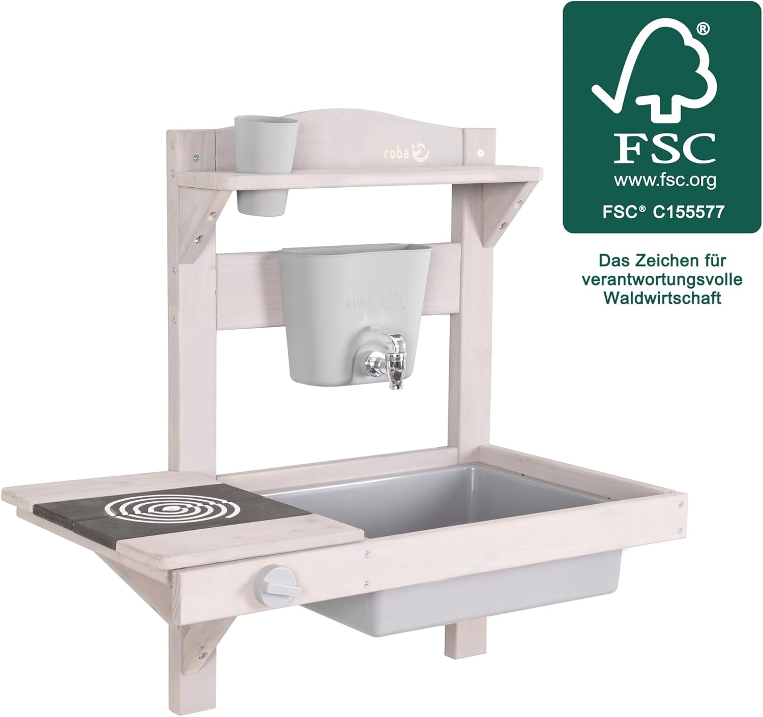 roba Hangende Modderkeuken voor Kinderen - Functionele Buitenspeelkeuken met Waterdispenser & Accessoires - FSC Gecertificeerd Hout - Grijs Gelakt