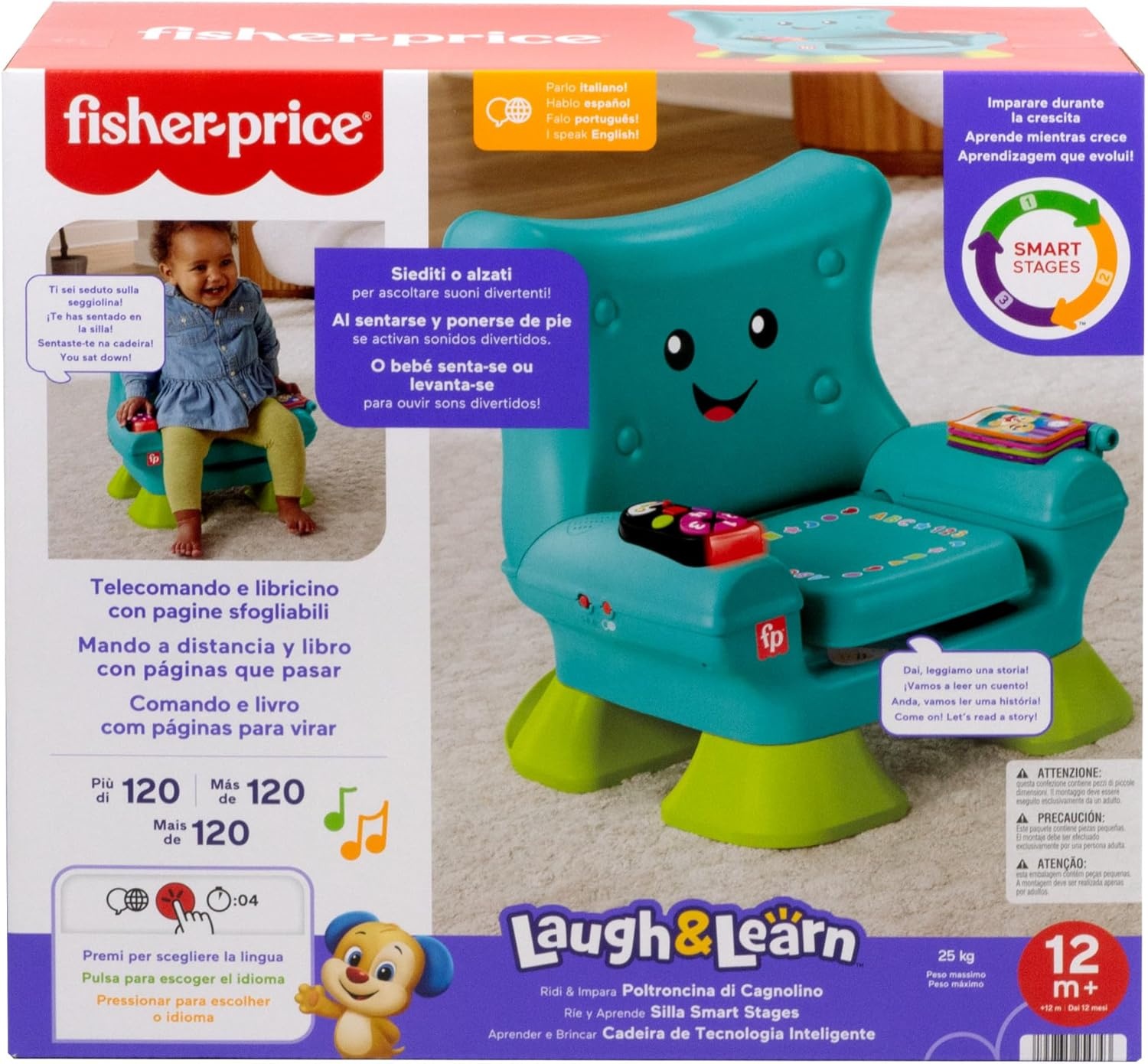 Fisher-Price Educatief speelgoed, educatief speelgoed voor peuters, leerplezier, turquoise, versie: Engels; Italiaans; Portugees; Spaans, HYR96