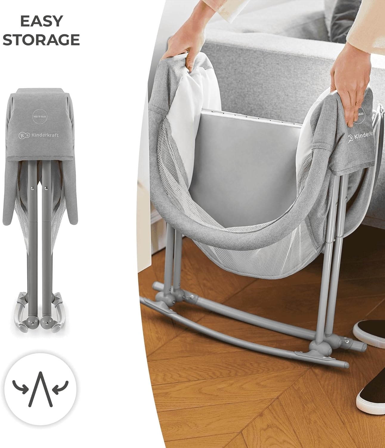 Kinderkraft LOVI Baby wieg/reiswieg 3-in-1 Grijs met schommel- en muskietennetfunctie