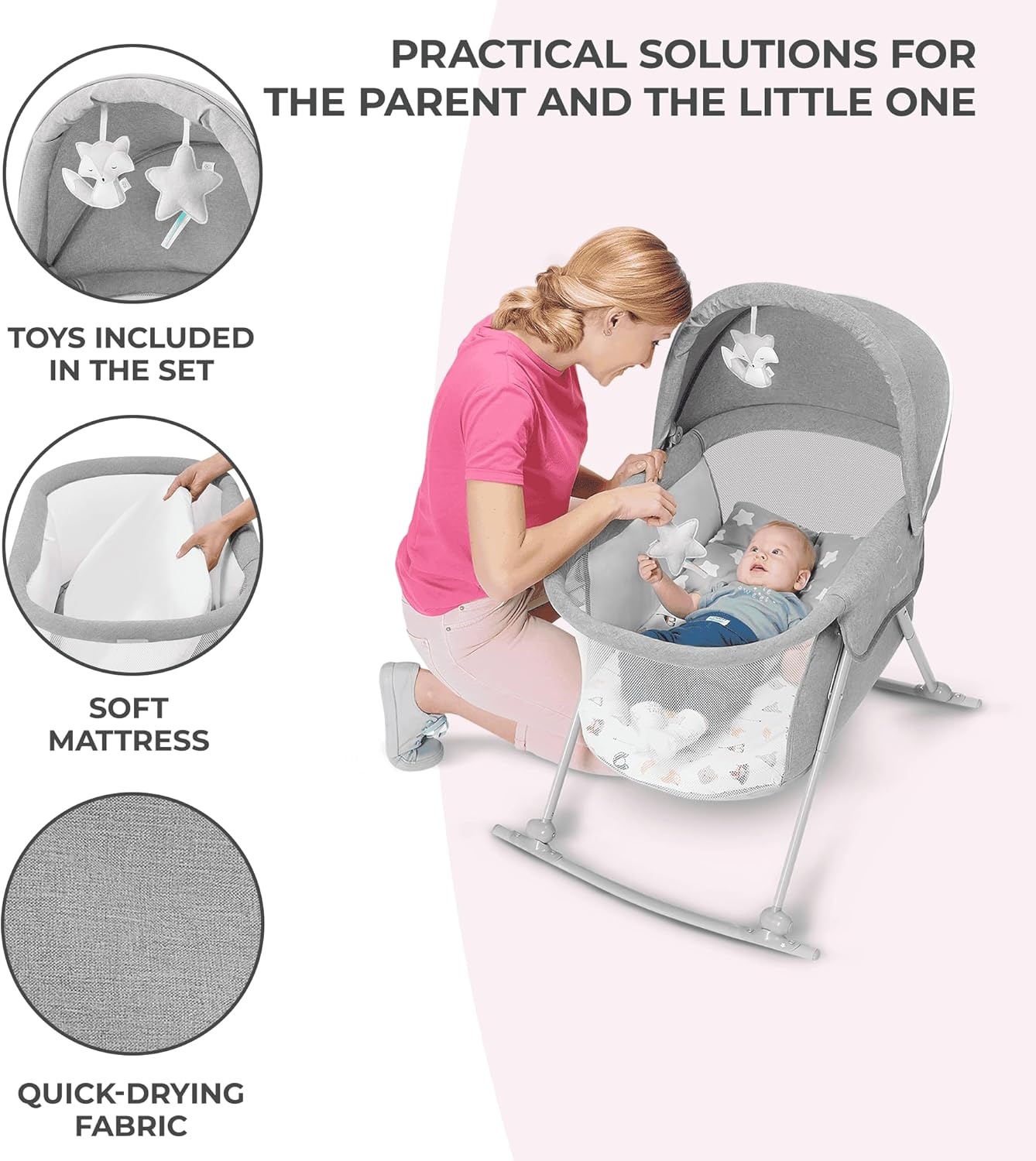 Kinderkraft LOVI Baby wieg/reiswieg 3-in-1 Grijs met schommel- en muskietennetfunctie