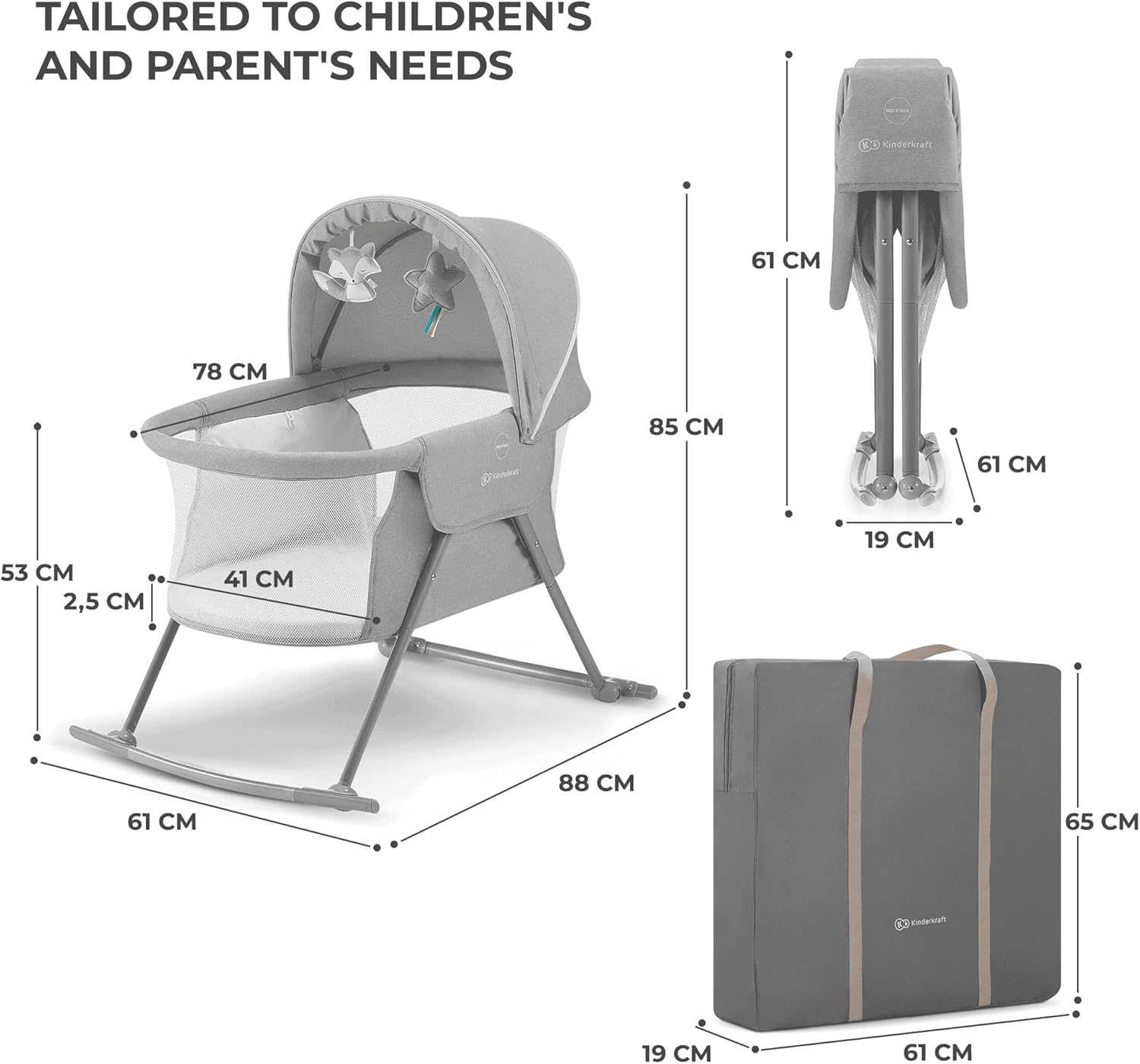 Kinderkraft LOVI Baby wieg/reiswieg 3-in-1 Grijs met schommel- en muskietennetfunctie
