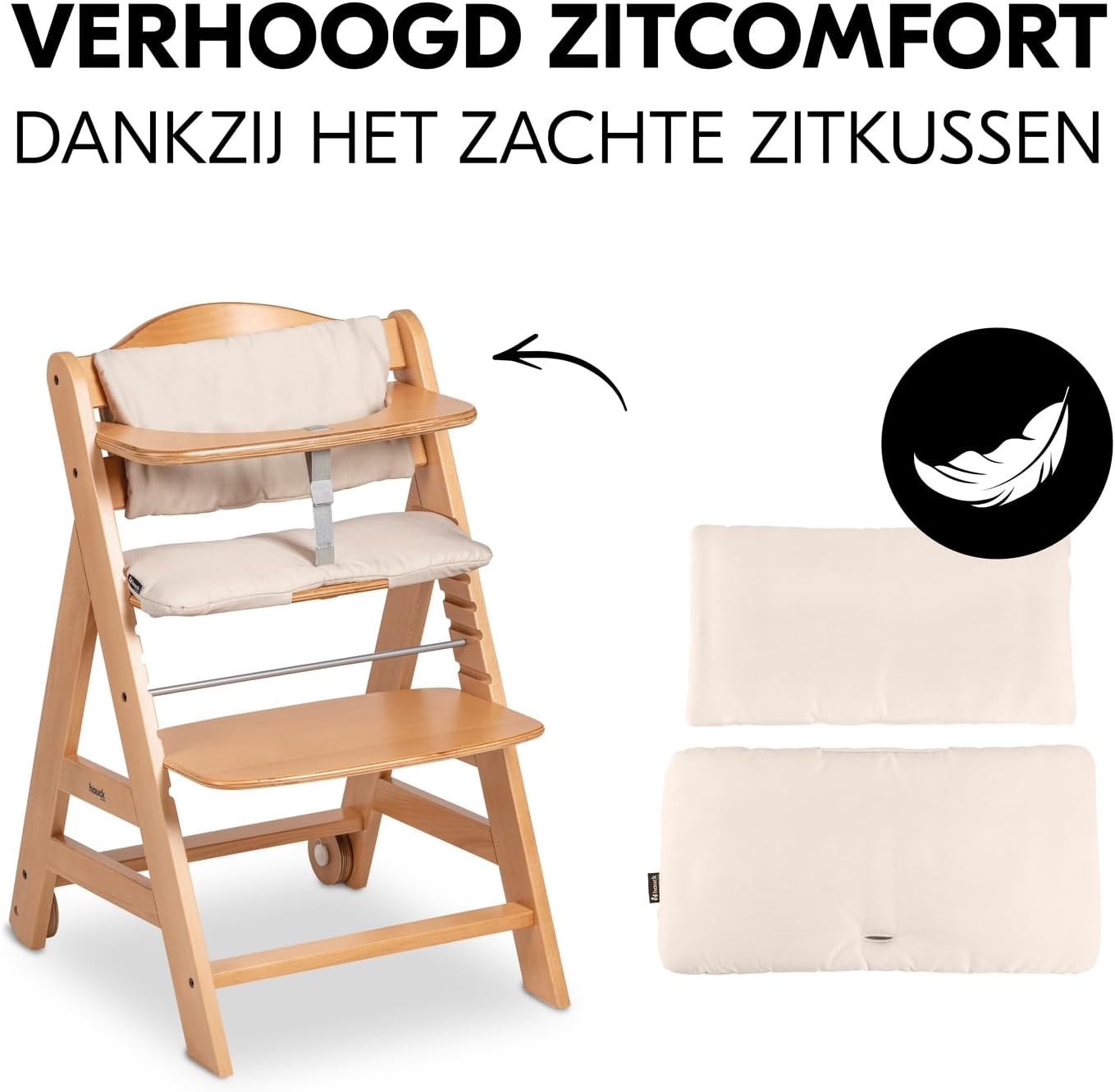 hauck Beta+, Natural - Meegroeiende Houten Kinderstoel Set Met Wielen En Zitkussen Vanaf 6 Maanden Tot 90 kg Inclusief Groot Eetblad Veiligheidsbeugel 5 Punt Gordel En Kruisriem