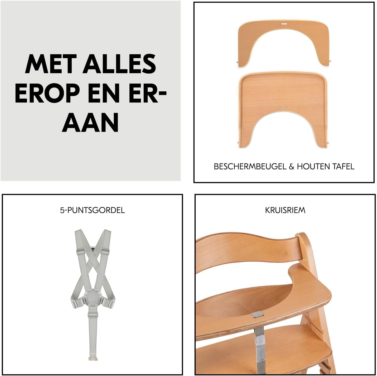 hauck Beta+, Natural - Meegroeiende Houten Kinderstoel Set Met Wielen En Zitkussen Vanaf 6 Maanden Tot 90 kg Inclusief Groot Eetblad Veiligheidsbeugel 5 Punt Gordel En Kruisriem