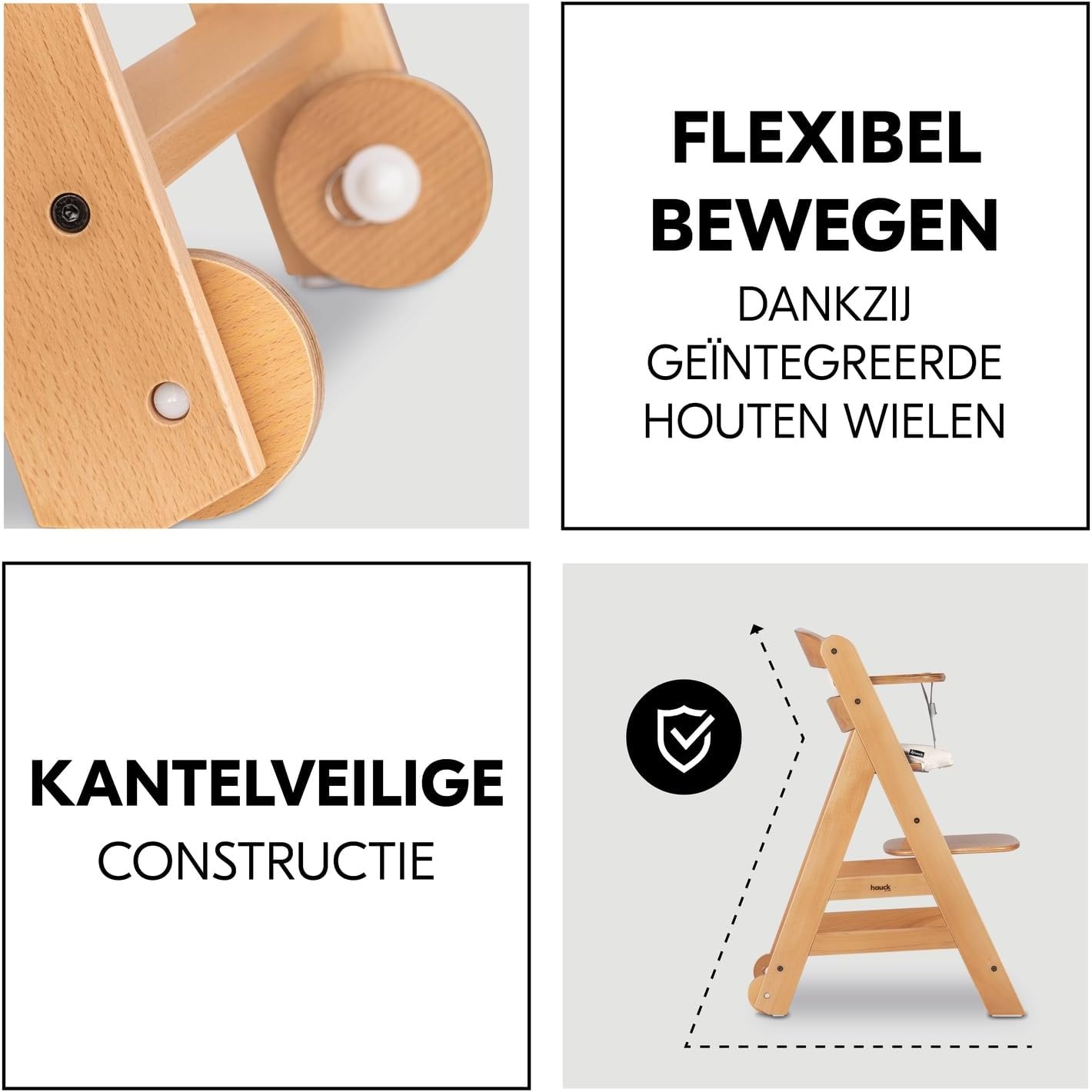 hauck Beta+, Natural - Meegroeiende Houten Kinderstoel Set Met Wielen En Zitkussen Vanaf 6 Maanden Tot 90 kg Inclusief Groot Eetblad Veiligheidsbeugel 5 Punt Gordel En Kruisriem