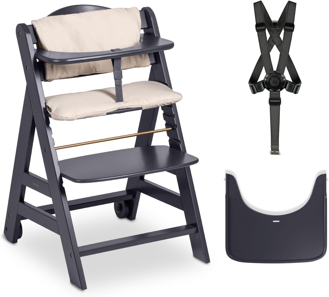 hauck Beta+, Natural - Meegroeiende Houten Kinderstoel Set Met Wielen En Zitkussen Vanaf 6 Maanden Tot 90 kg Inclusief Groot Eetblad Veiligheidsbeugel 5 Punt Gordel En Kruisriem