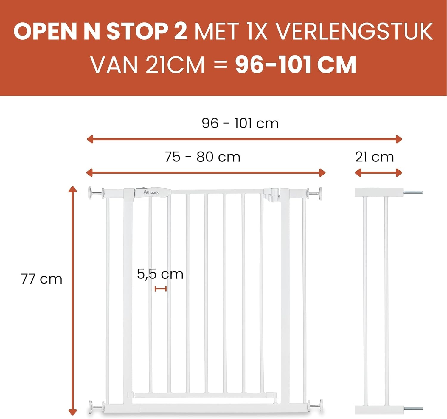 hauck Open N Stop 2 + 21 cm Verlenging, White - Veiligheidshekje & Hondenhek, 96–101 cm Verstelbaar, 77 cm Hoog, Eenhandige Opening aan Beide Kanten, Zonder Boren, Voor Binnengebruik