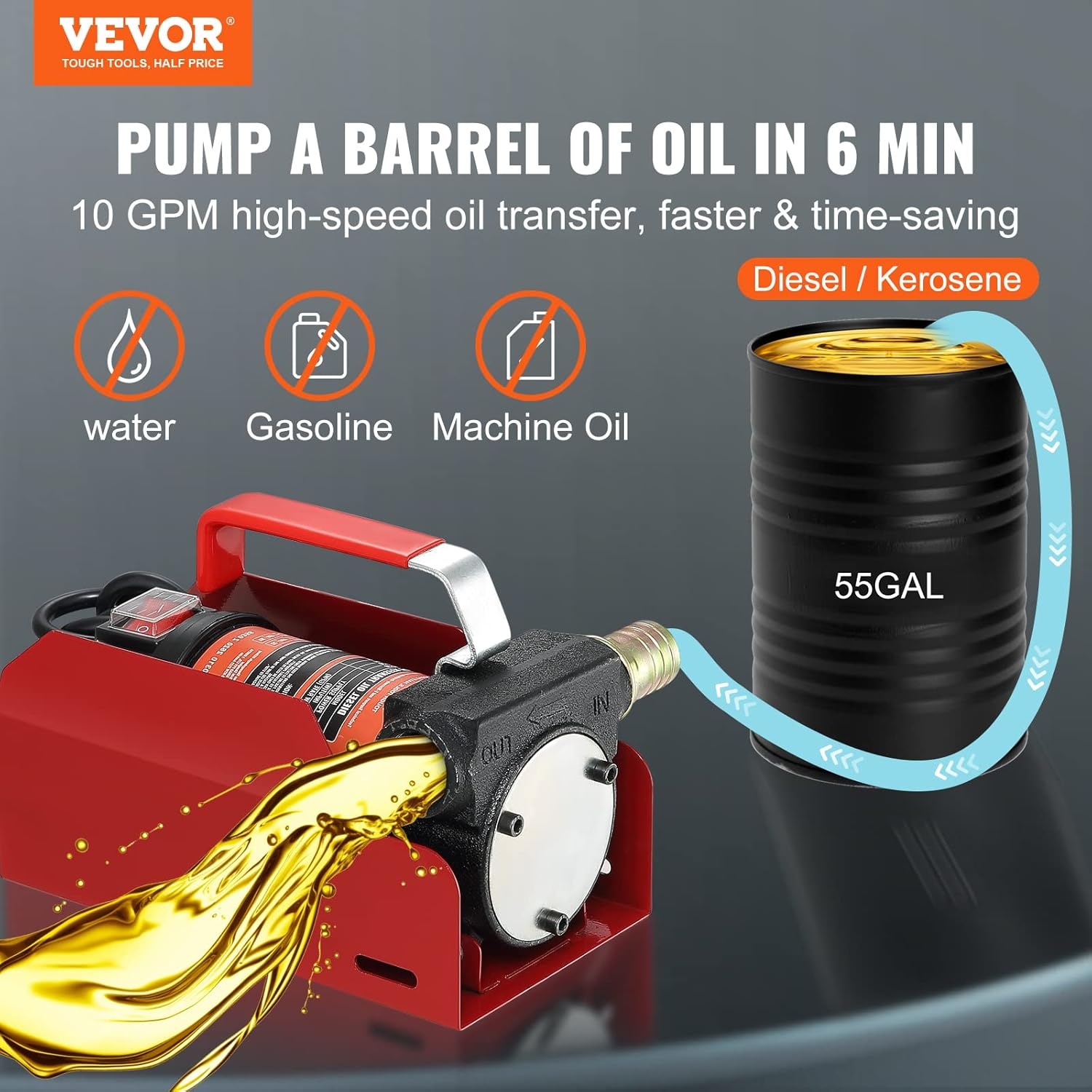 VEVOR Dieselpomp, 1/4 pk, stookoliepomp DC 12 V, brandstoftransportpomp, 8 m opvoerhoogte, 3 m zuighoogte, zelfaanzuigend, automatisch spuitpistool, 4 m uitlaatslang, geschikt voor diesel, kerosine