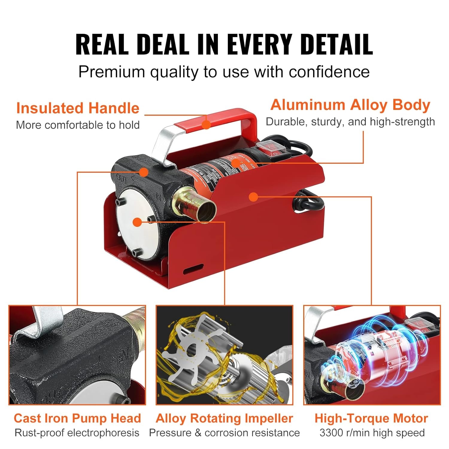 VEVOR Dieselpomp, 1/4 pk, stookoliepomp DC 12 V, brandstoftransportpomp, 8 m opvoerhoogte, 3 m zuighoogte, zelfaanzuigend, automatisch spuitpistool, 4 m uitlaatslang, geschikt voor diesel, kerosine