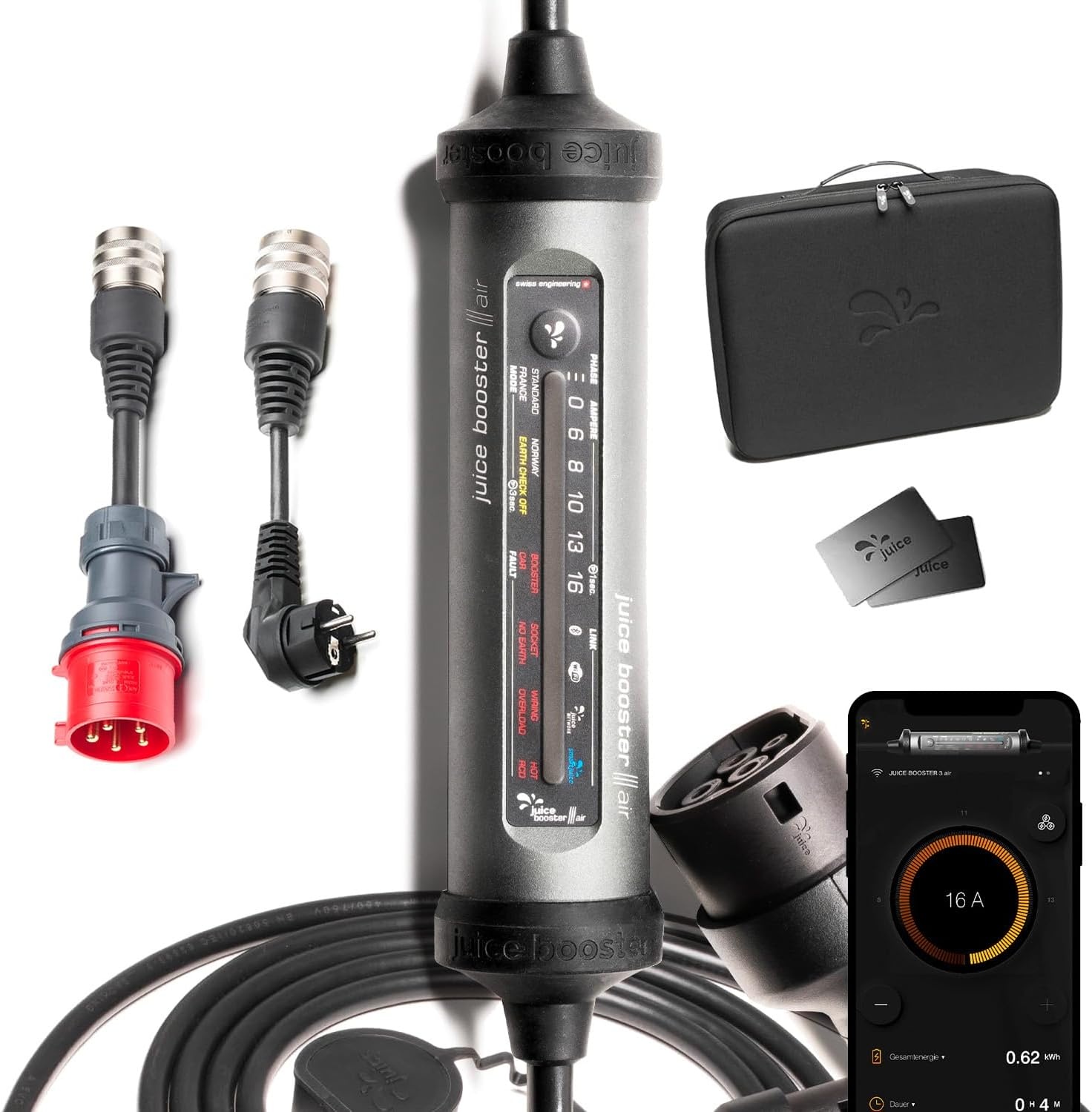 Juice Booster 3 air Basic Set, Mobile Wallbox 11kW met app, Lader voor EV met Laadkabel Type 2, Superlicht en Flexibel, Waterdicht IP67, Incl. Adapter CEE16 Rood 3-fase + EU Schuko