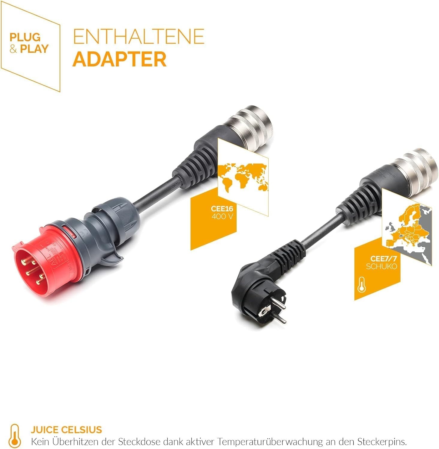Juice Booster 3 air Basic Set, Mobile Wallbox 11kW met app, Lader voor EV met Laadkabel Type 2, Superlicht en Flexibel, Waterdicht IP67, Incl. Adapter CEE16 Rood 3-fase + EU Schuko