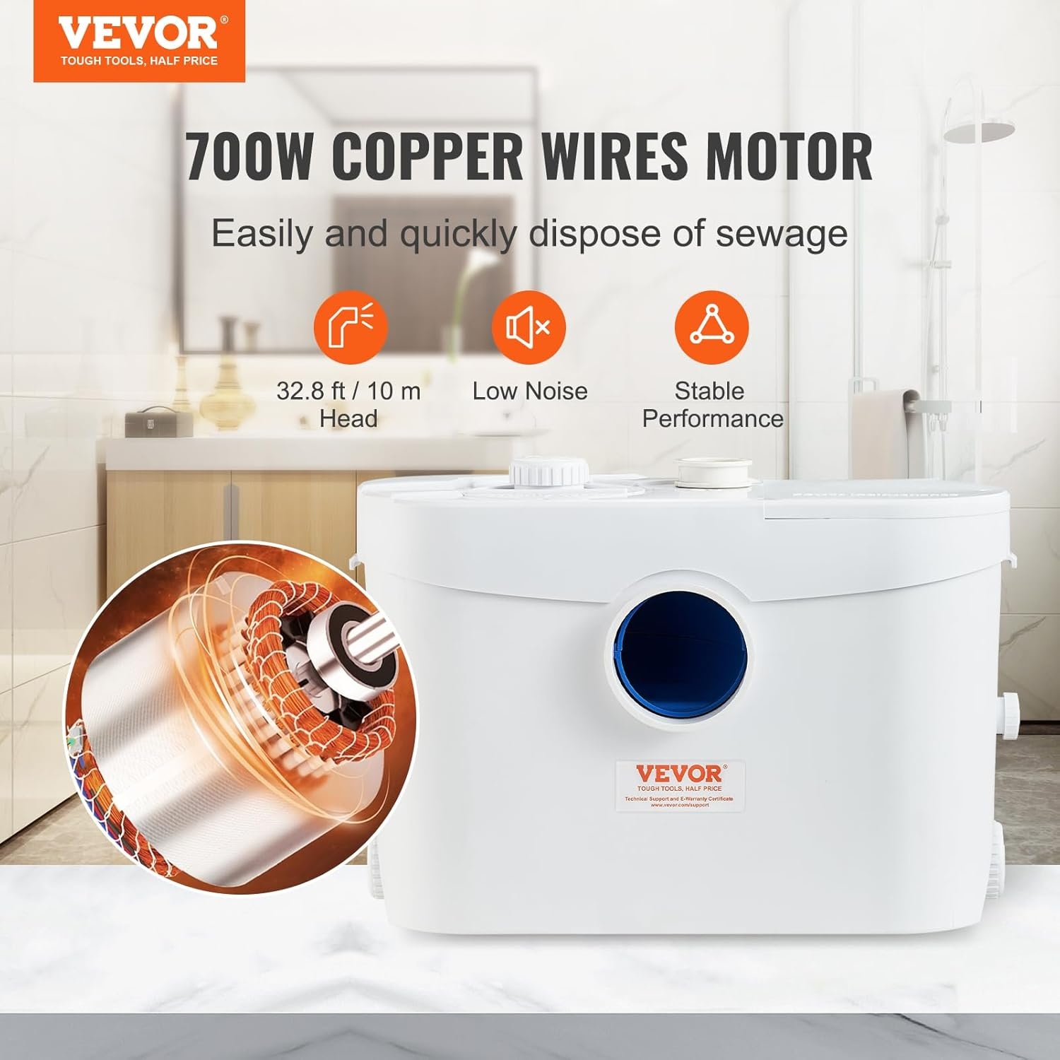 VEVOR Hefsysteem, 700 W, 9600 l/h debiet, 10 m pomphoogte, hakmolen-afvalwaterpomp met 3 waterinlaten voor toilet, kelder, keuken, wastafel, badkuip, afvalwaterafvoer, spoelmachine